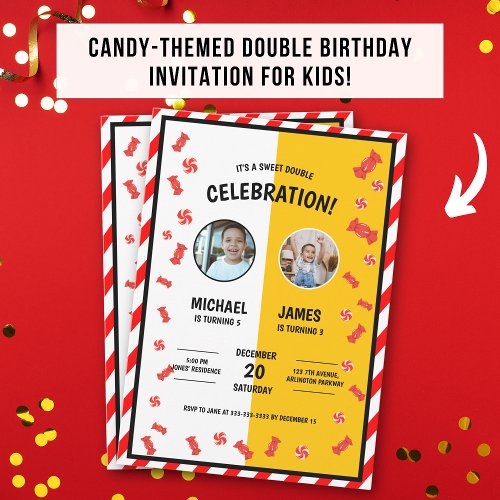 Sweet Candy Kids Double Birthday Custom Invitation