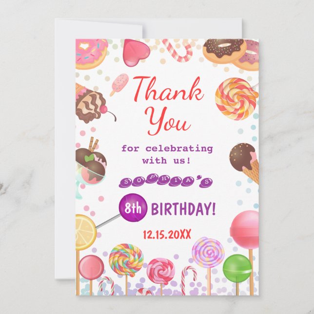 Sweet Candy Land Birthday Ice Cream Donut Party Thank You Card (Front)