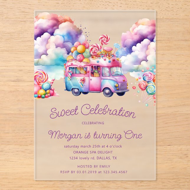 Sweet Candy Lane Kid's Birthday Budget Acrylic Invitations (Front)