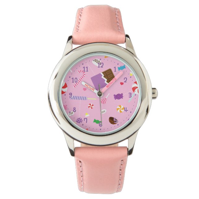 Sweet Candy Pattern Girls Personalized Pink Watch (Front)