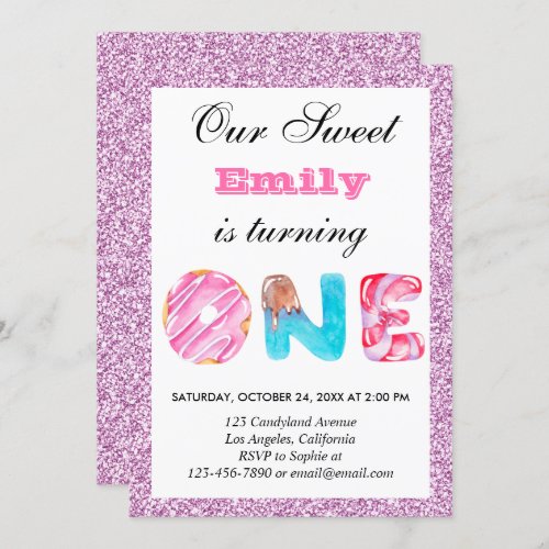 Sweet Candy Pink Lilac Glitter First Birthday One Invitation