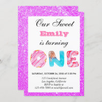 Sweet Candy Pink Purple Glitter First Birthday One Invitation