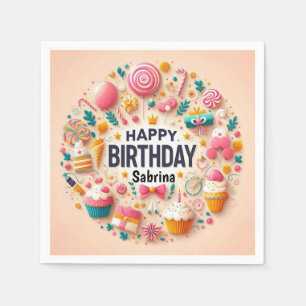 Sweet Candyland Cupcake & Lollipop Happy Birthday Napkins