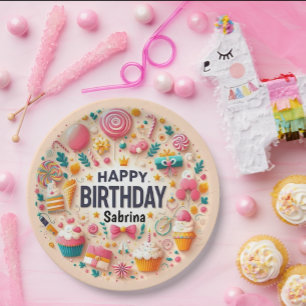 Sweet Candyland Cupcake & Lollipop Happy Birthday Paper Plates