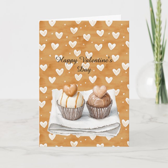 Sweet Caramel Cream Heart Cupcakes Love Card (Front)