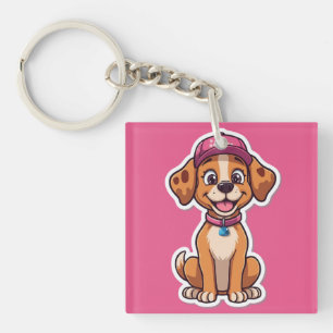 Sweet Cartoon Dog – Happy Puppy in Cap Sticker Keychain