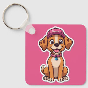 Sweet Cartoon Dog – Happy Puppy in Cap Sticker Keychain