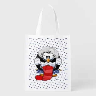 Sweet Cartoon Grandma Penguin with Flower Pattern Reusable Grocery Bag