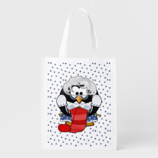 Sweet Cartoon Grandma Penguin with Flower Pattern Reusable Grocery Bag
