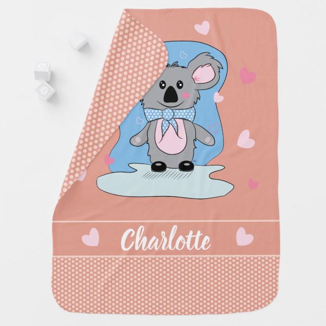 Sweet Cartoon Koala Peach Baby Blanket with Name (In Situ)