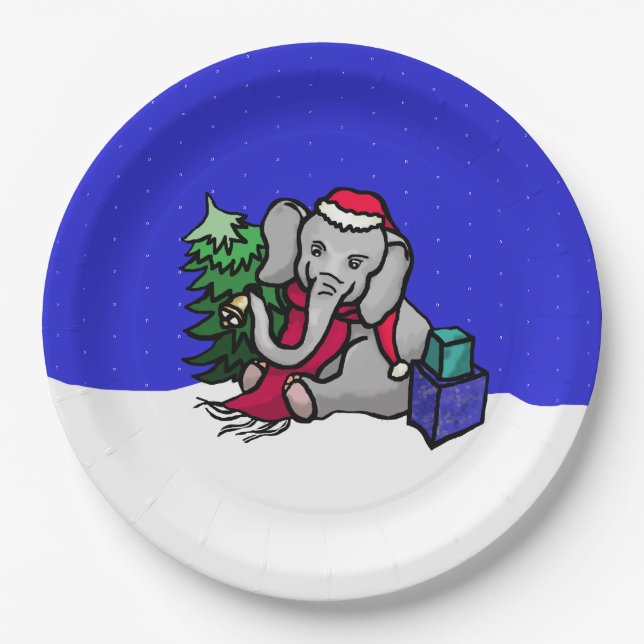 Sweet Cartoon Xmas Elephant in the Snow Paper Plates (Front)