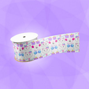 Sweet Cat Faces Happy Birthday Celebration Satin Ribbon
