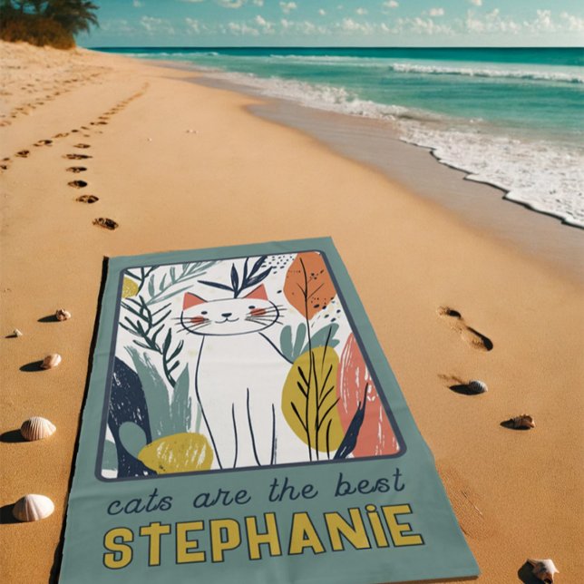 Sweet Cat Illustration Personalized Beach Towel (Creator Uploaded)