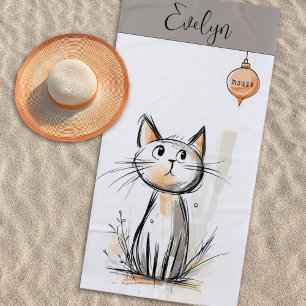 Sweet Cat Illustration Personalized Beach Towel