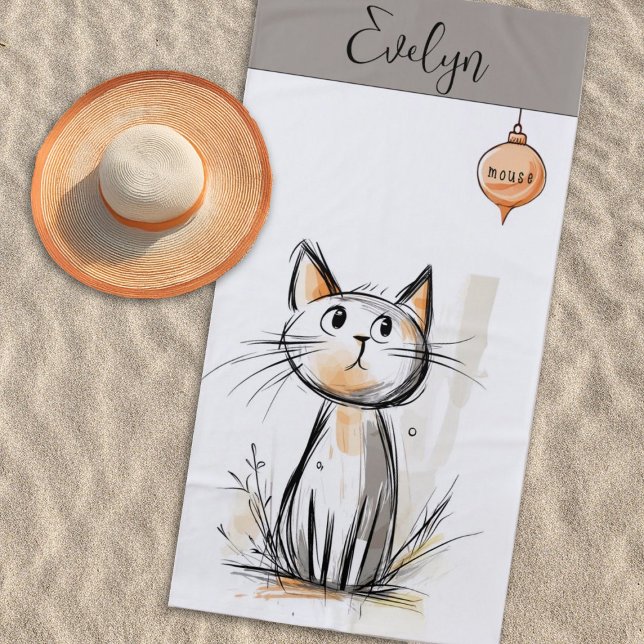 Sweet Cat Illustration Personalized Beach Towel (Cute cat and mouse illustration)