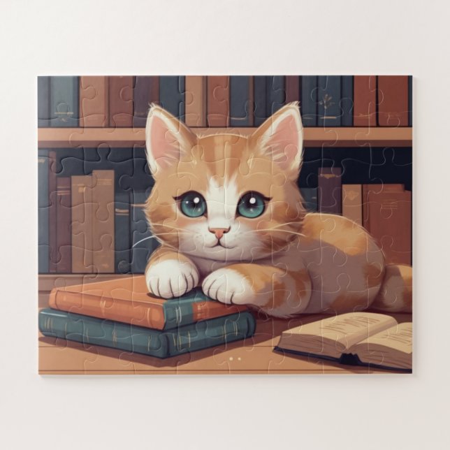 Sweet Cat Lying on Books Jigsaw Puzzle (Horizontal)
