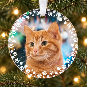 Sweet Cat Photo Christmas Paw Prints and Hearts Ornament