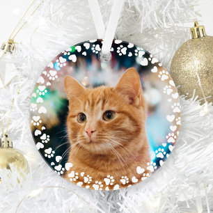 Sweet Cat Photo Christmas Paw Prints and Hearts Ornament