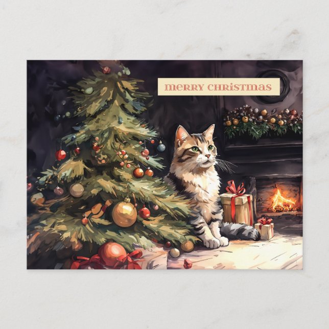 Sweet cat under the Christmas tree Holiday Postcard (Front)
