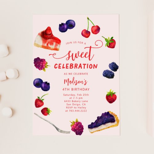 Sweet Celebration Berries and Cakes Birthday Invitation