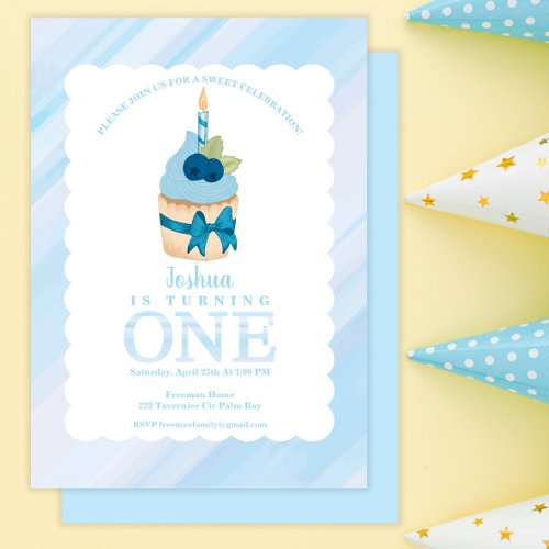 Sweet Celebration Blue Cupcake 1st Birthday Party Invitation