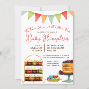 Sweet Celebration, Cake, Macaron Baby Shower Invitation