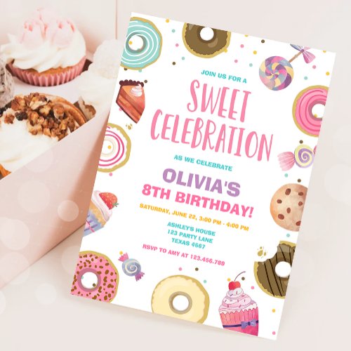 Sweet Celebration Candy Donut Pink Girl Birthday Invitation