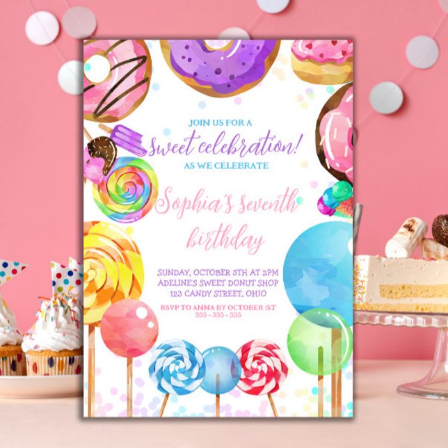 Sweet Celebration Candy Lollypops Colorful Girl  Invitation (Sweet Celebration Candyland theme Girl Birthday party invitation)