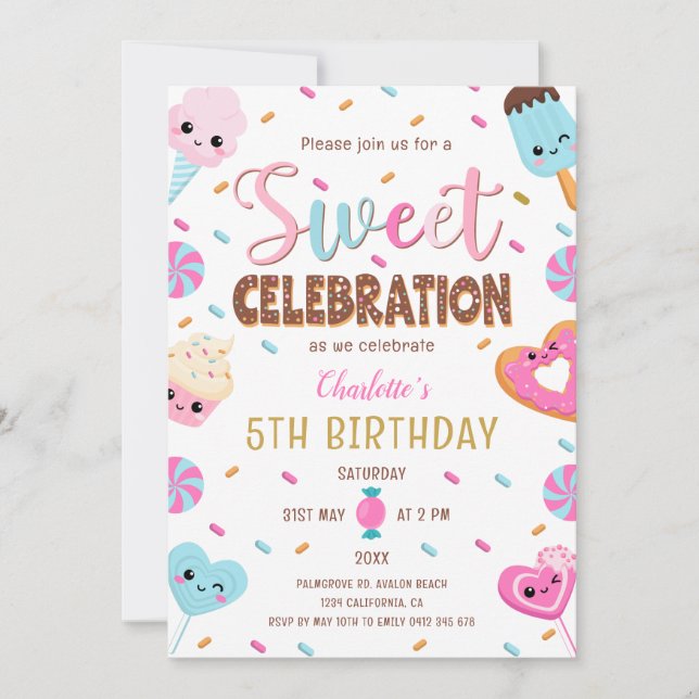 Sweet celebration Donut Candy Ice cream Birthday Invitation (Front)