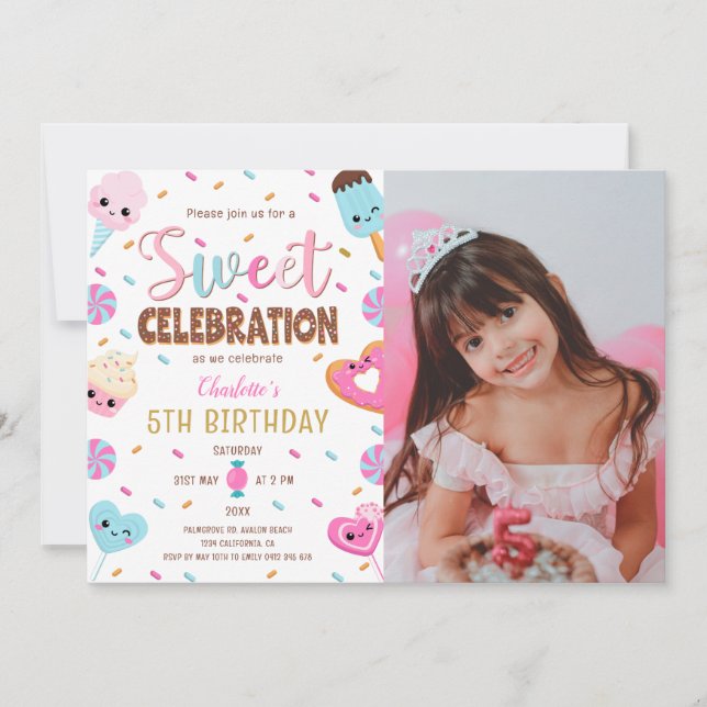 Sweet celebration Donut Candy Photo Birthday Invitation (Front)