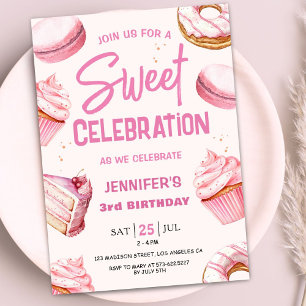 Sweet Celebration Donuts Pink Girl 3rd Birthday Invitation