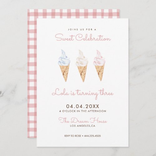 Sweet Celebration Ice Cream Pink Birthday Invitation