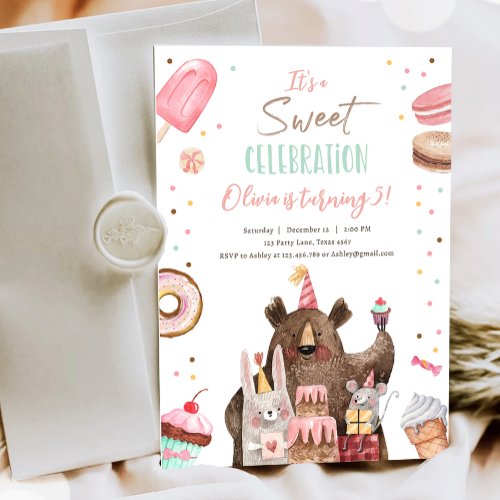Sweet Celebration Party Animals Girl Birthday Invitation
