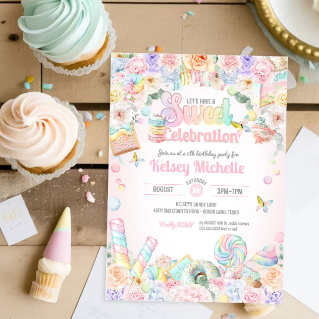 Sweet Celebration Pastel Candy Shoppe Birthday Invitation | Zazzle