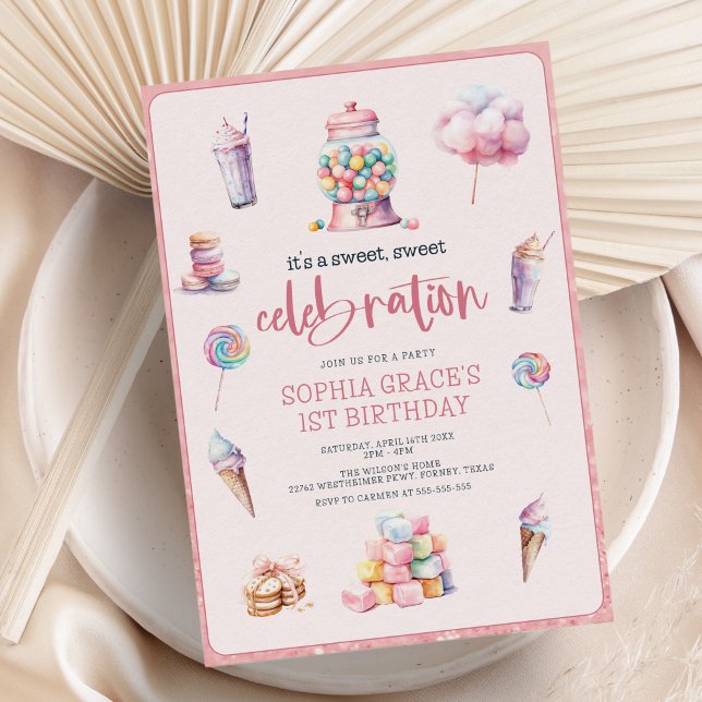 Sweet Celebration Pink Candyland Birthday Party Invitation (Creator Uploaded)