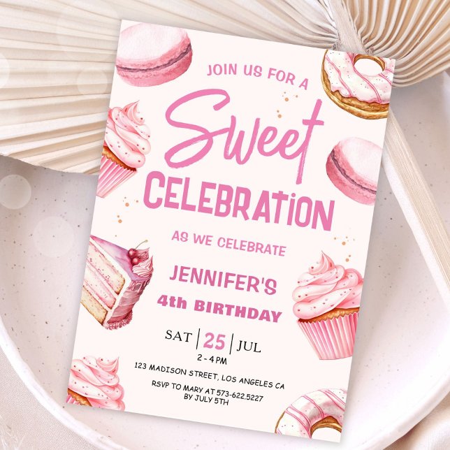 Sweet Celebration Pink Donuts Girl 4th Birthday  Invitation (Creator Uploaded)