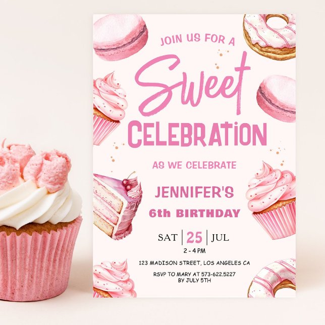 Sweet Celebration Pink Donuts Girl 6th Birthday  Invitation (Creator Uploaded)