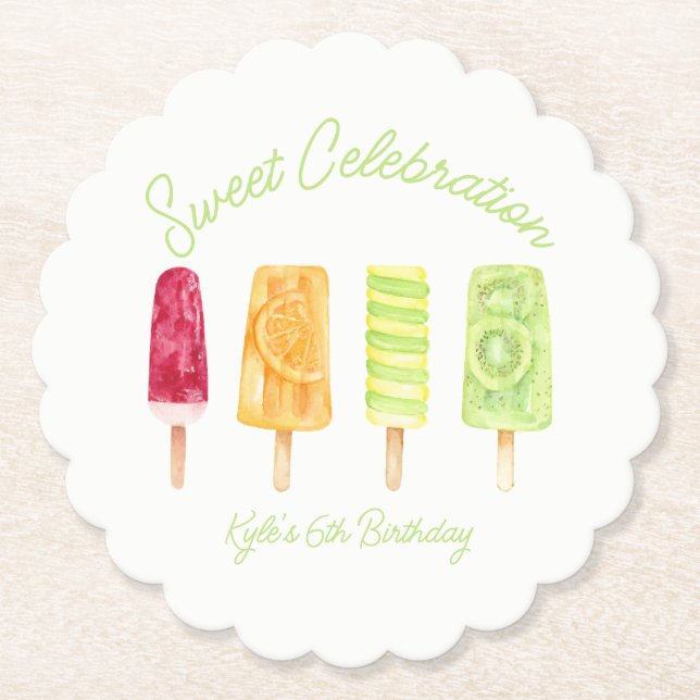 Sweet Celebration Popsicle Birthday Paper Coaster (Front)