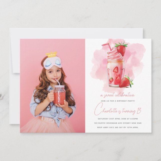 Sweet Celebration Strawberry Birthday Photo Invitation (Front)