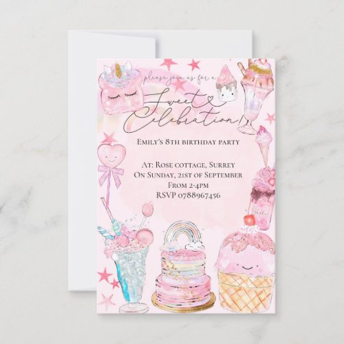 Sweet celebration  watercolour Girls birthday Invitation