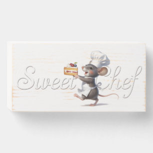 "Sweet Chef" Mouse Logo Illustration Wooden Box Sign