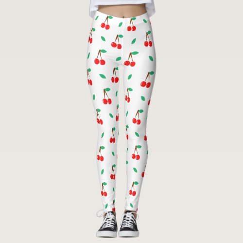 Sweet Cherries Pattern on White Leggings