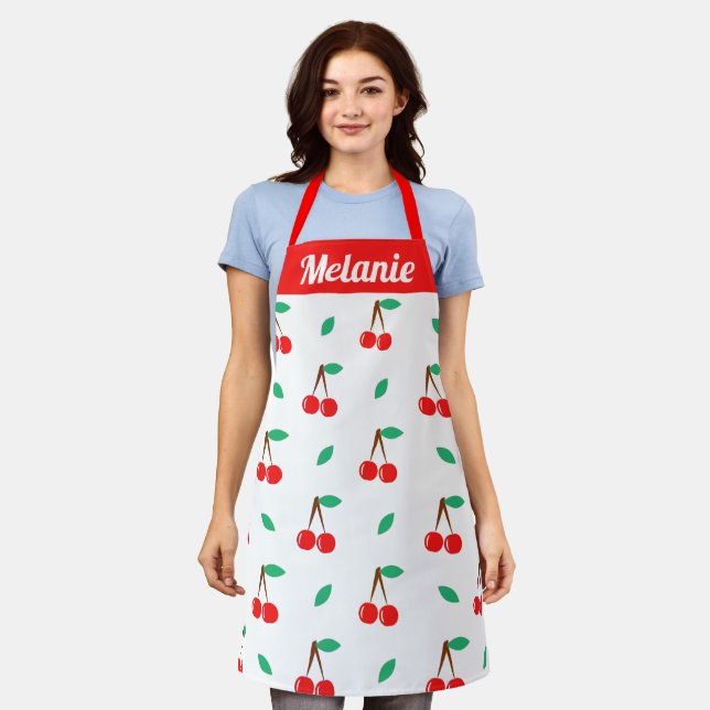 Sweet Cherries Pattern on White Personalised Apron (Worn)