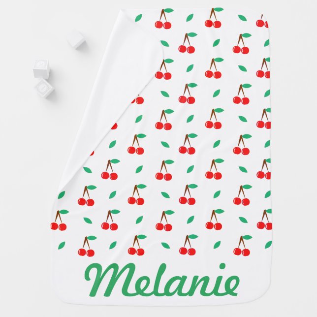 Sweet Cherries Pattern on White Personalised Baby Blanket (In Situ)