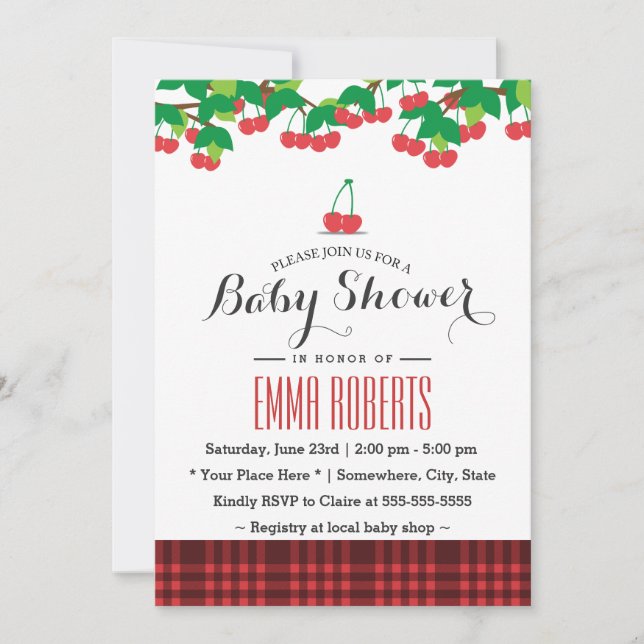 Sweet Cherries Picnic Gingham Baby Shower Invitation (Front)