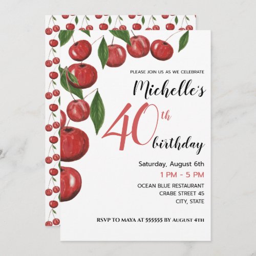 Sweet Cherries Watercolor Illustration Birthday Invitation