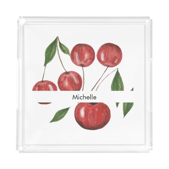 Sweet Cherries Watercolor Illustration Monogrammed Acrylic Tray (Front)