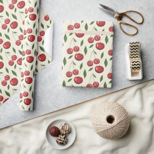 Sweet Cherries Watercolor Illustration Pattern Wrapping Paper