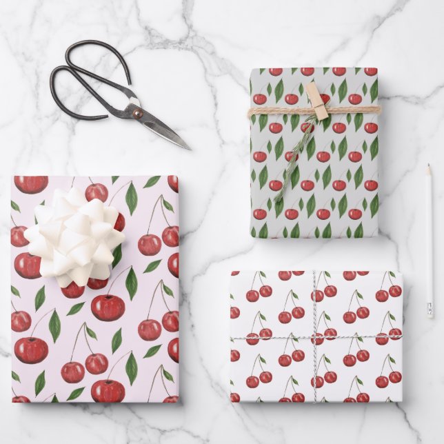 Sweet Cherries Watercolor Illustration Wrapping Paper Sheets (Front)