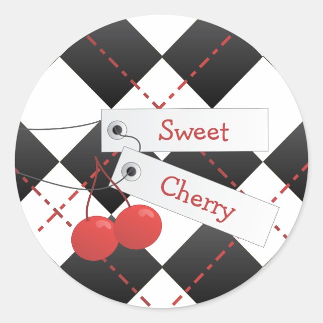 Sweet Cherry Argyle Classic Round Sticker (Front)